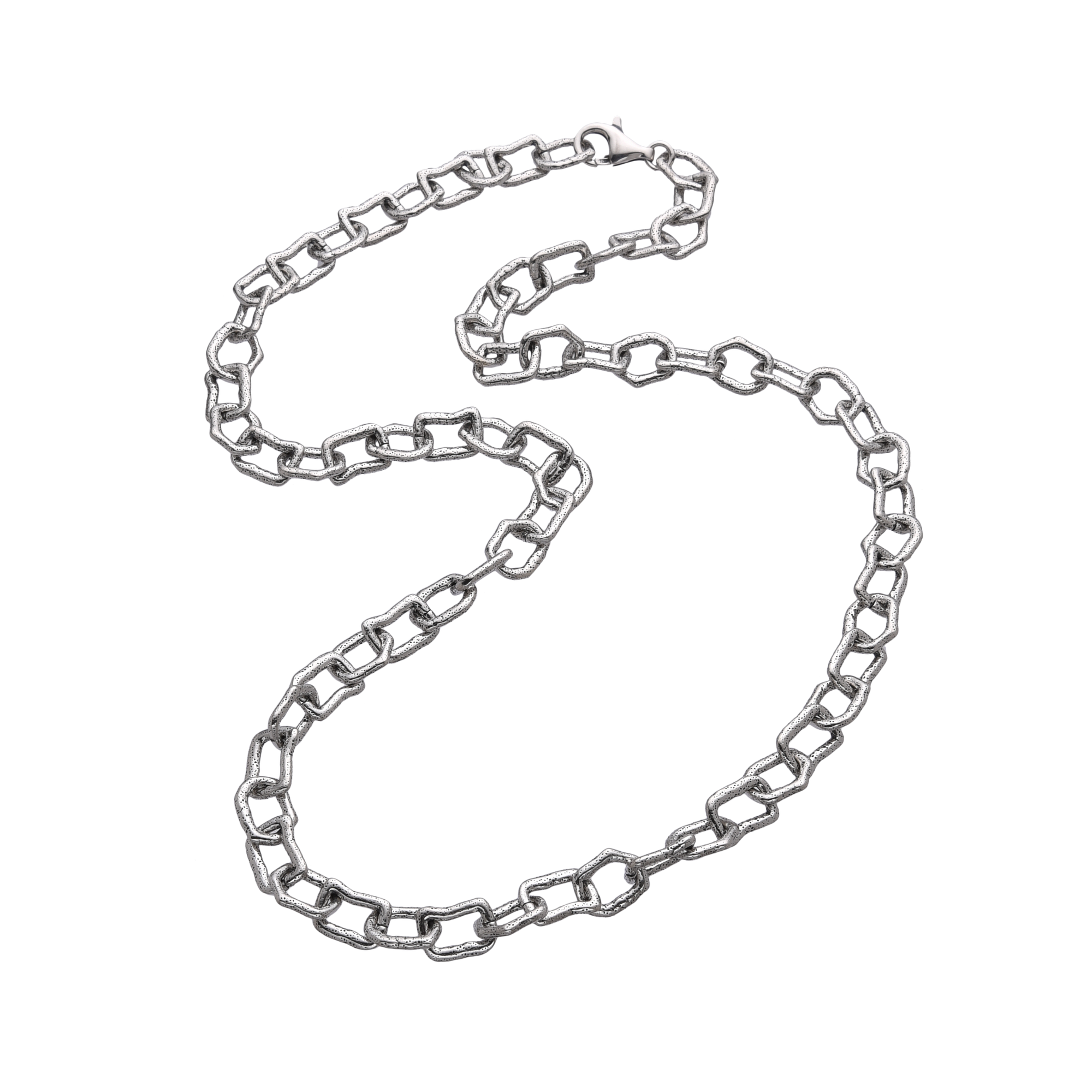 [full] - Sterling silver chain necklace with rugged, irregular-shaped links and oxidised finish.