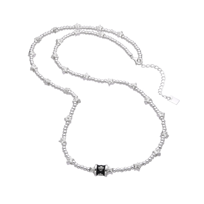 [full] - Sterling silver bead necklace with scattered star accents and celestial-inspired design