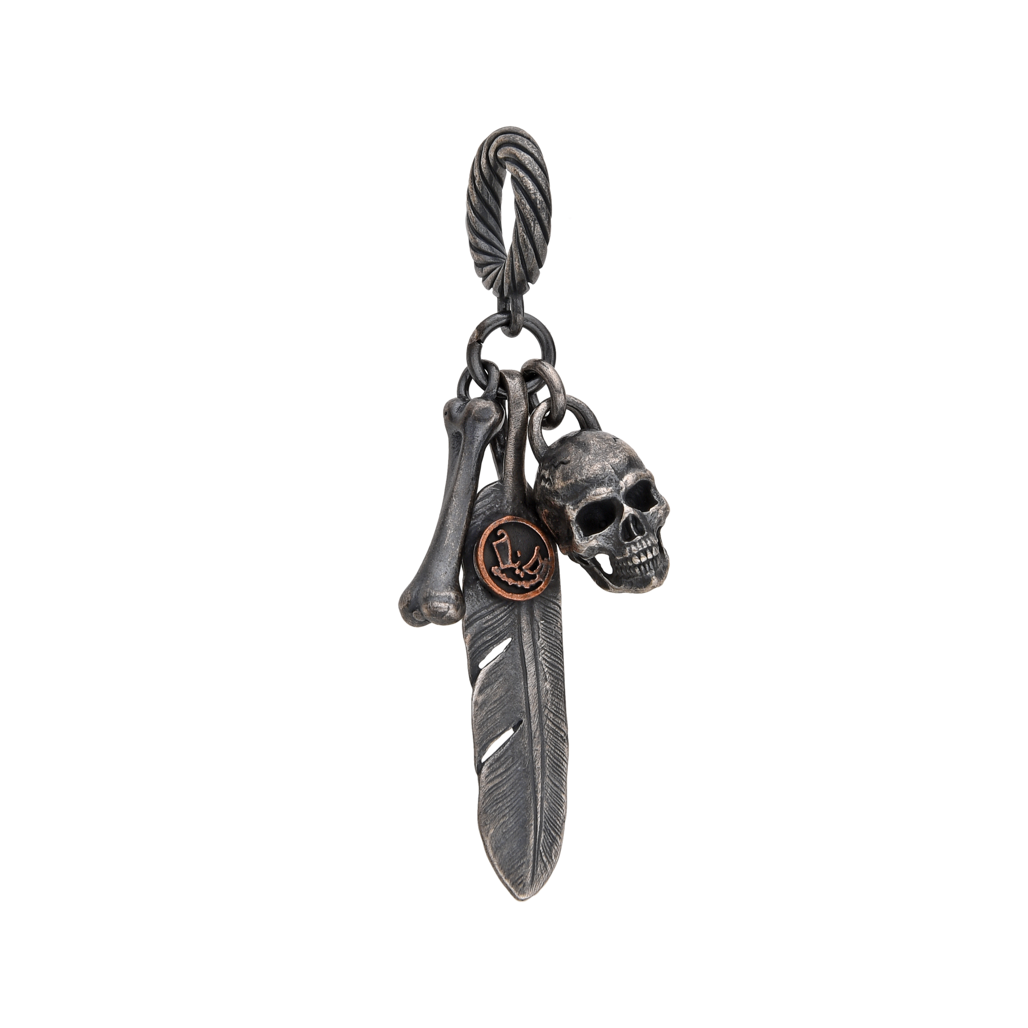 [full] – Sterling silver charm pendant with skull, feather, and bone