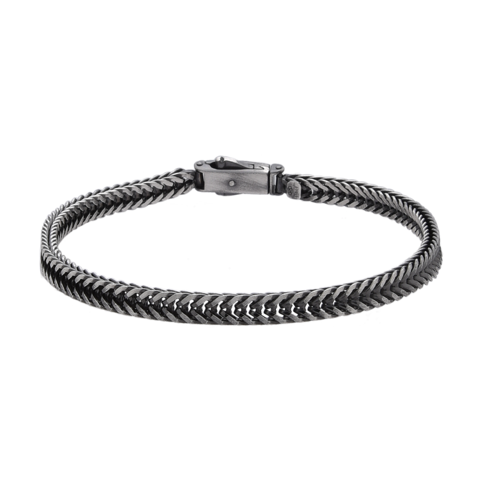 [full] - Fox-tail chain bracelet in sterling silver with diamond-cut links and gun-metal ruthenium plating.